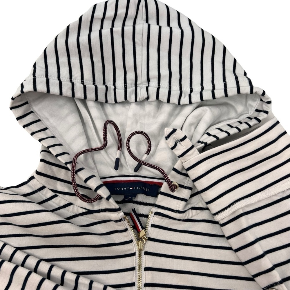 Tommy Hilfiger Women’s Patriotic Striped Long Roll Tab Sleeve 1/4 Zip Hoodie Med - Picture 14 of 14